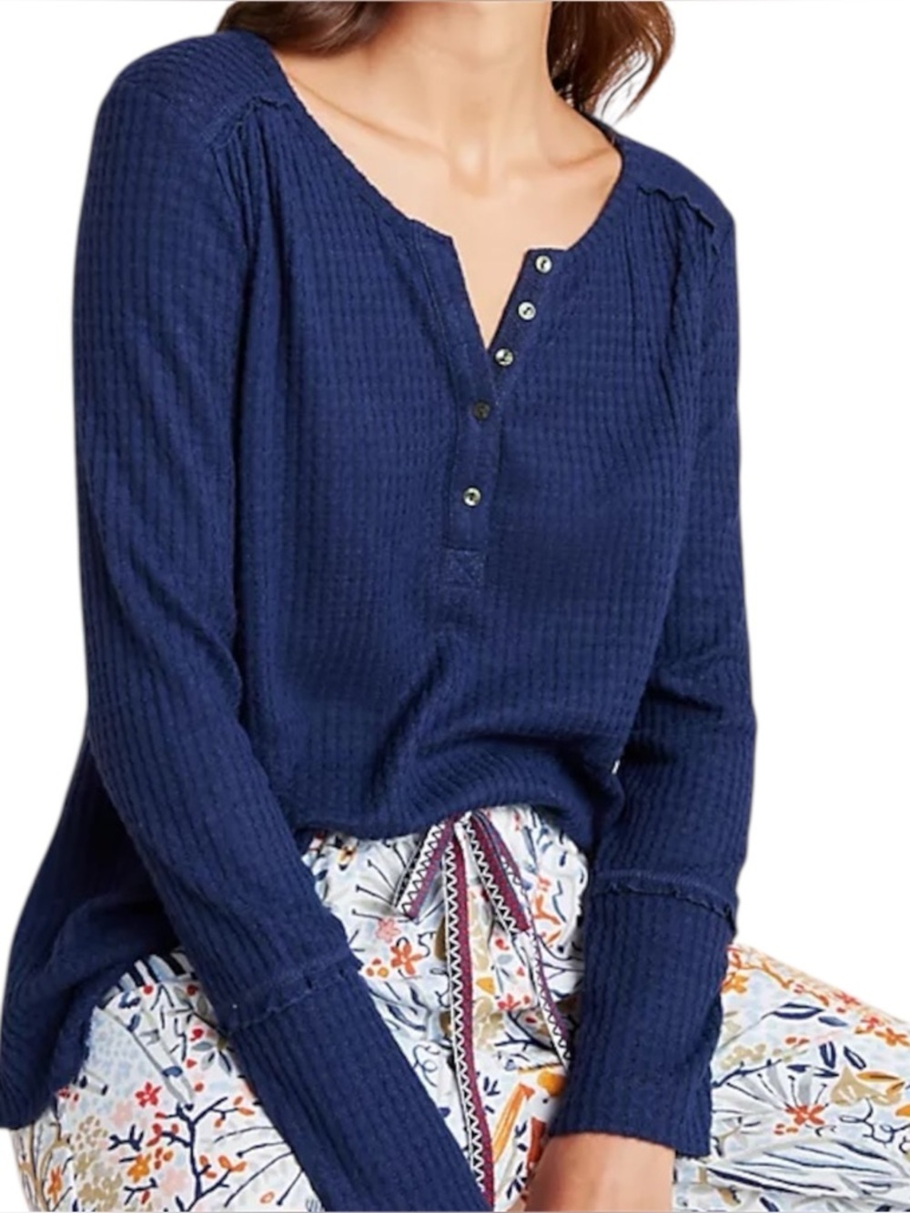 Anthro Waffle Knit Henley Top Blue Long Sleeve Cozy Boho Cottagecore
